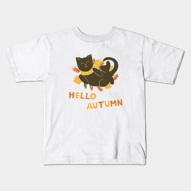 Hello Autumn cat Kids T-Shirt by AbbyCatAtelier